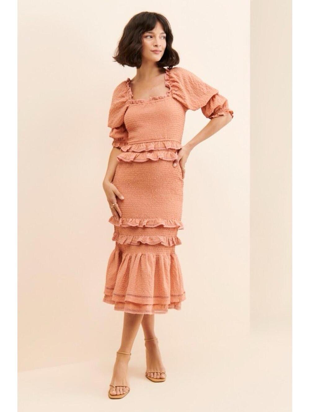 Anthropologie Rachel Parcel Bubble Smocked Midi Dress Pink/Orange Size Medium